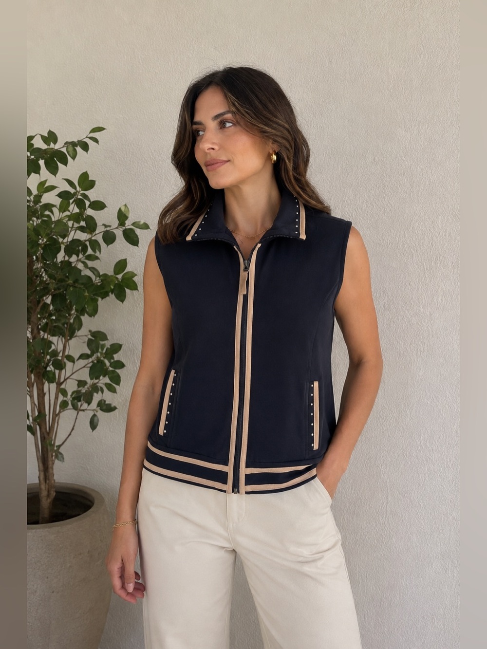 Onque Casuals Women's Medium Navy Blue Full Zip Vest Mock Neck